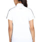Woman wearing white EQUINE COUTURE LADIES ELIANA SHORT SLEEVE SHOW SHIRT with black trim, shown from back.