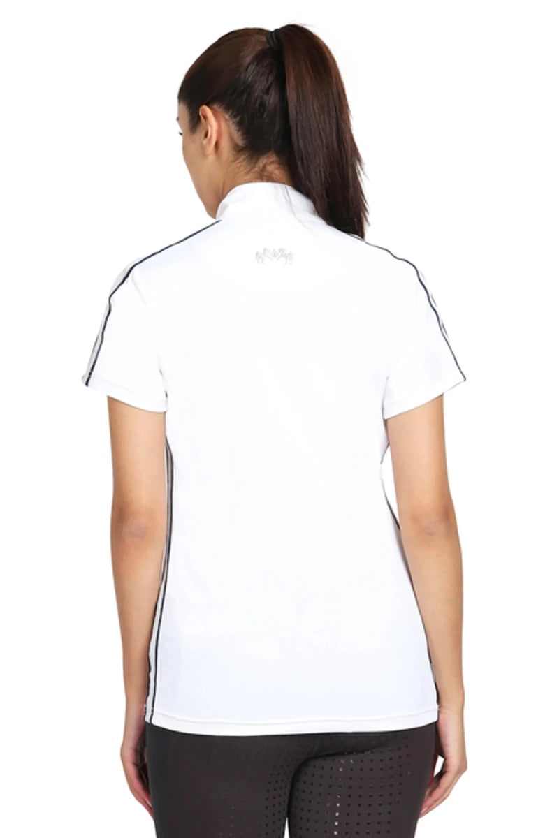 Woman wearing white EQUINE COUTURE LADIES ELIANA SHORT SLEEVE SHOW SHIRT with black trim, shown from back.