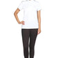 Woman wearing white EQUINE COUTURE LADIES ELIANA SHORT SLEEVE SHOW SHIRT with black riding pants standing barefoot