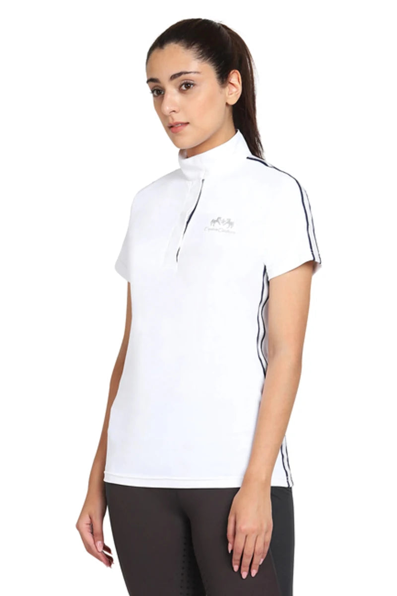 Woman wearing a white EQUINE COUTURE LADIES ELIANA SHORT SLEEVE SHOW SHIRT with black side stripes, posing against white background