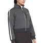 Woman wearing a dark gray EQUINE COUTURE LADIES PIPPA CROPPED JACKET with white stripe on sleeves and zippered front pocket