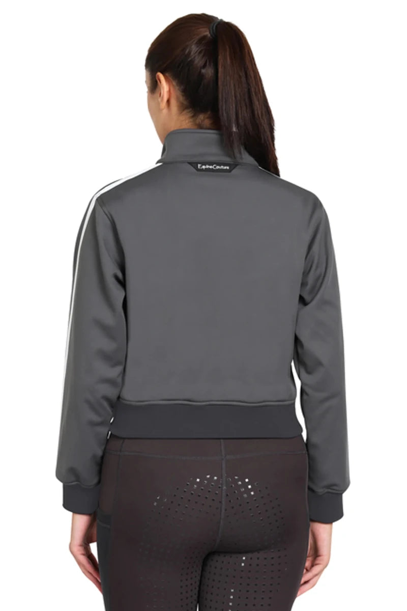 Back view of woman wearing EQUINE COUTURE LADIES PIPPA CROPPED JACKET in dark grey with long sleeves