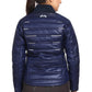 Woman wearing navy blue EQUINE COUTURE LADIES ALPINE PUFFER JACKET viewed from the back, equestrian style.