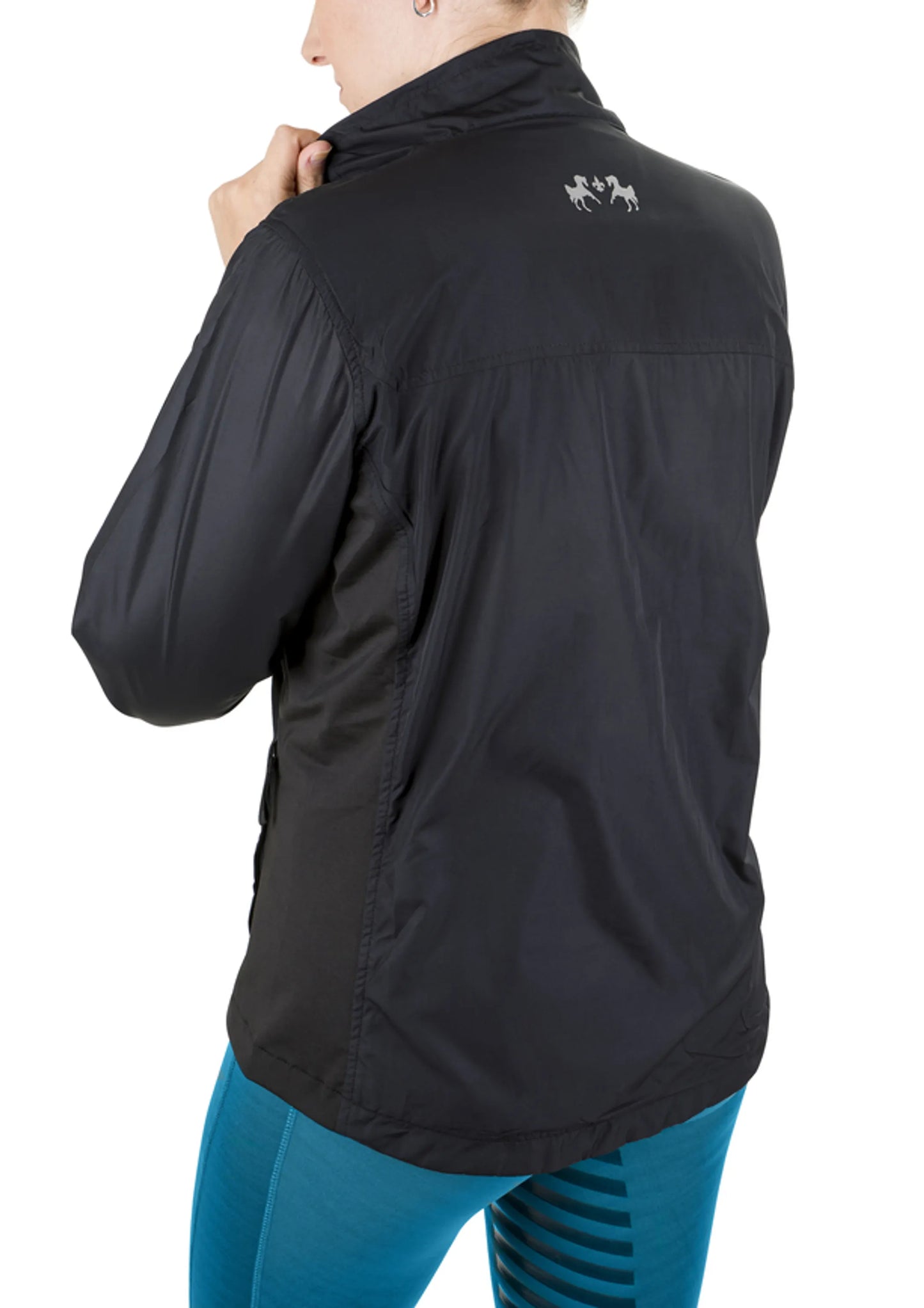 Back view of person wearing Equine Couture Ladies Aberdeen Jacket in black with horse logo on collar