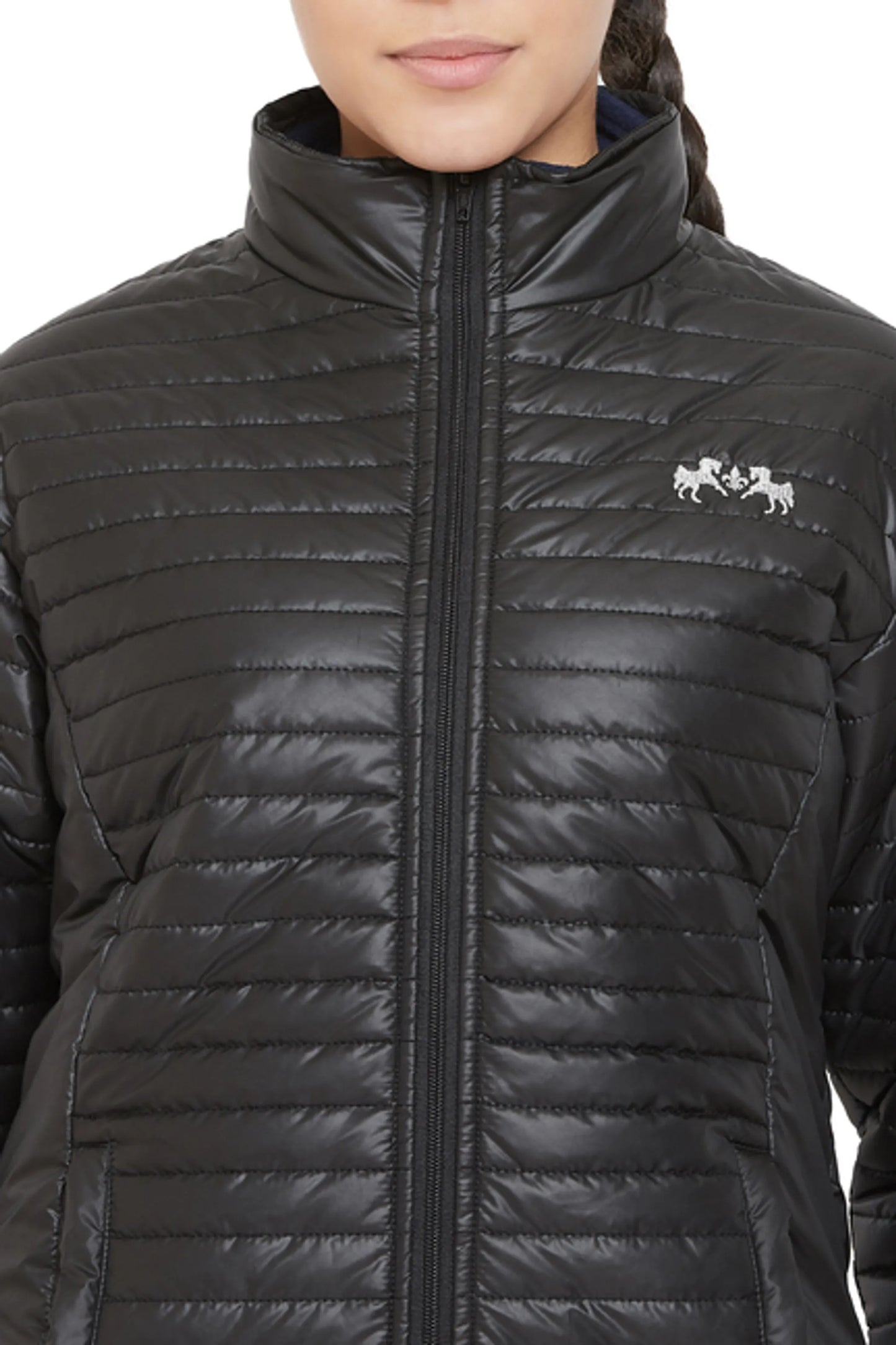 Equine Couture Ladies Zima Jacket in black quilted fabric with front zipper and small horse logo on chest.
