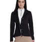 Woman wearing Equine Couture Spacer 3D Ladies Show Coat-Black-L over a white top, beige riding pants, equestrian supplies.