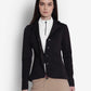 Woman wearing Equine Couture Spacer 3D Ladies Show Coat-Black-L with beige riding pants against white background
