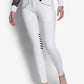 Woman wearing Equine Couture Saddle Stitch Extended Knee Patch Ladies Breeches-White-24 in a standing pose with bare feet