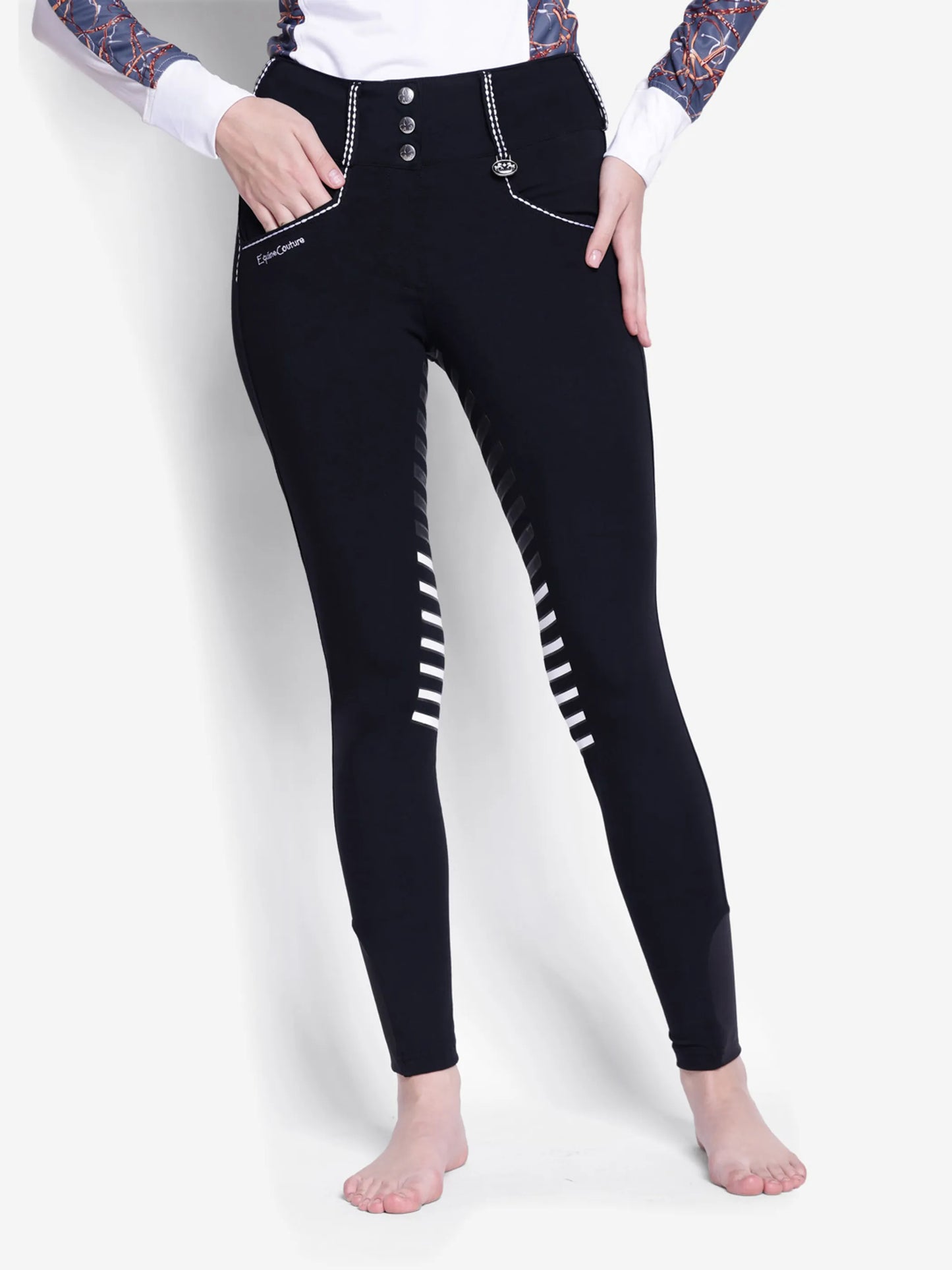 Equine Couture Saddle Stitch Extended Knee Patch Ladies Breeches-White-24 in black with stitching details and striped knee patches.