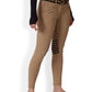 Model wearing Equine Couture Saddle Stitch Extended Knee Patch Ladies Breeches-White-24 with horse print belt in a standing pose
