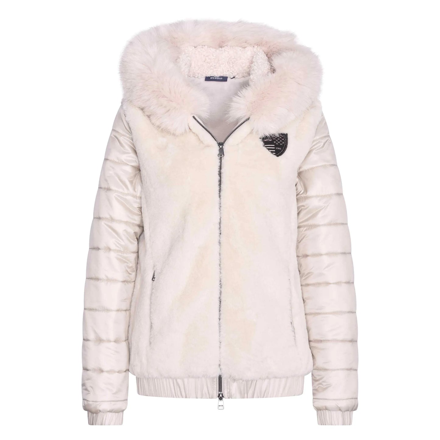 HV Polo Faux Fur Jacket HVPMila-Kit-2XL with plush hood, quilted sleeves, and front zip closure in soft cream tone