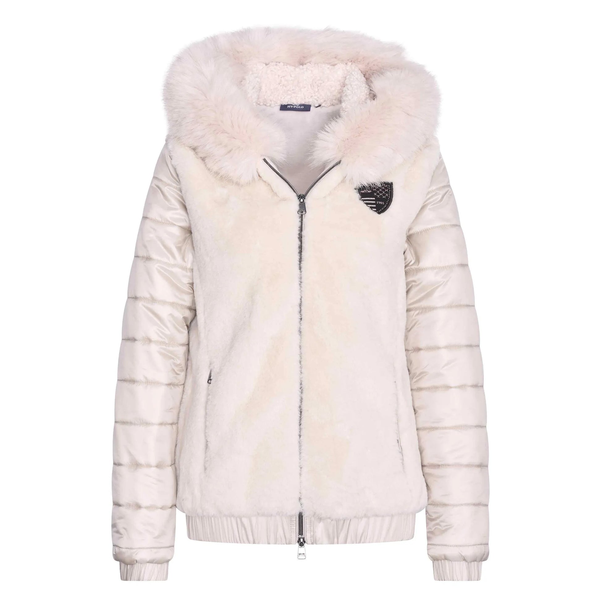 Cream white jacket with faux fur hood and quilted sleeves, featuring HV Polo Faux Fur Jacket HVPMila-Kit-2XL design