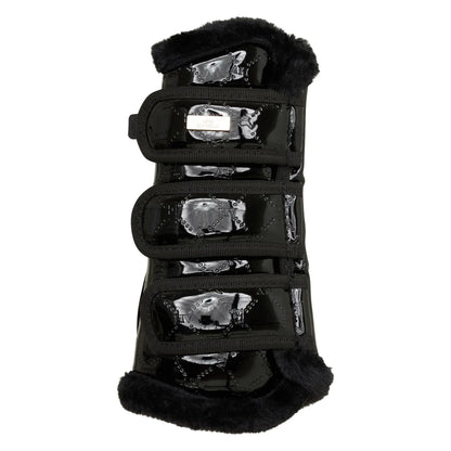 HV Polo DresSage Boots HVPCecile-Black Laquer-C/S glossy black equestrian leg protector with faux fur lining and adjustable straps