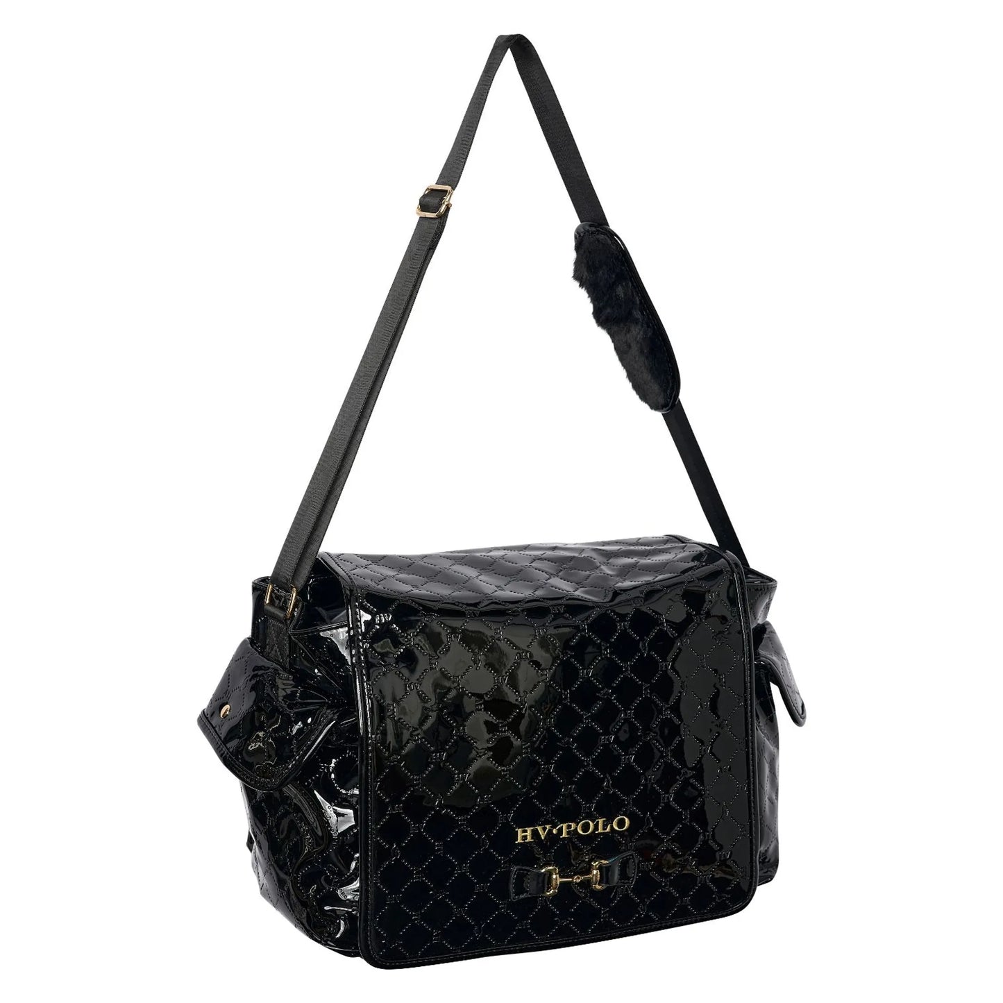 Black glossy shoulder bag with quilted pattern and gold HV Polo logo, named HV Polo Grooming Bag HVPCecile-Black-1SIZE