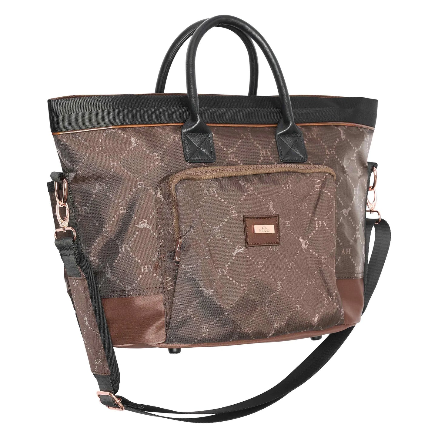 Brown patterned travel bag with black handles and adjustable shoulder strap, HV Polo Grooming Bag HVPWelmoed Shine-Mocca-1SIZE