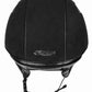 Top view of a black TUFFRIDER VENTEK MICROTOUCH HELMET with ventilation and adjustable chin strap for equestrian use.