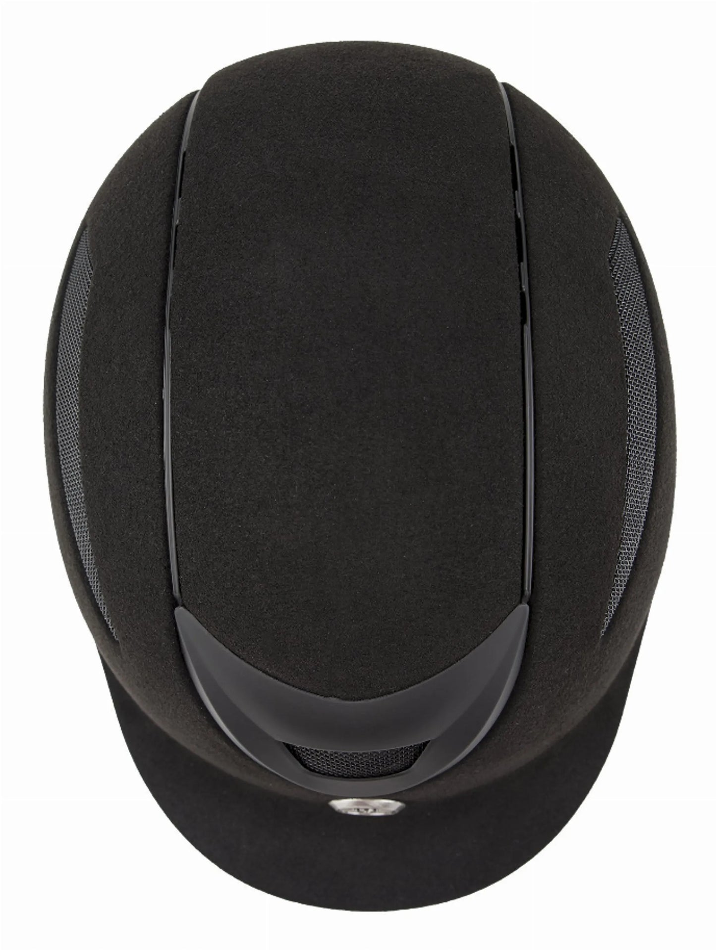 Top view of a black TUFFRIDER VENTEK MICROTOUCH HELMET with ventilation panels for equestrian use.