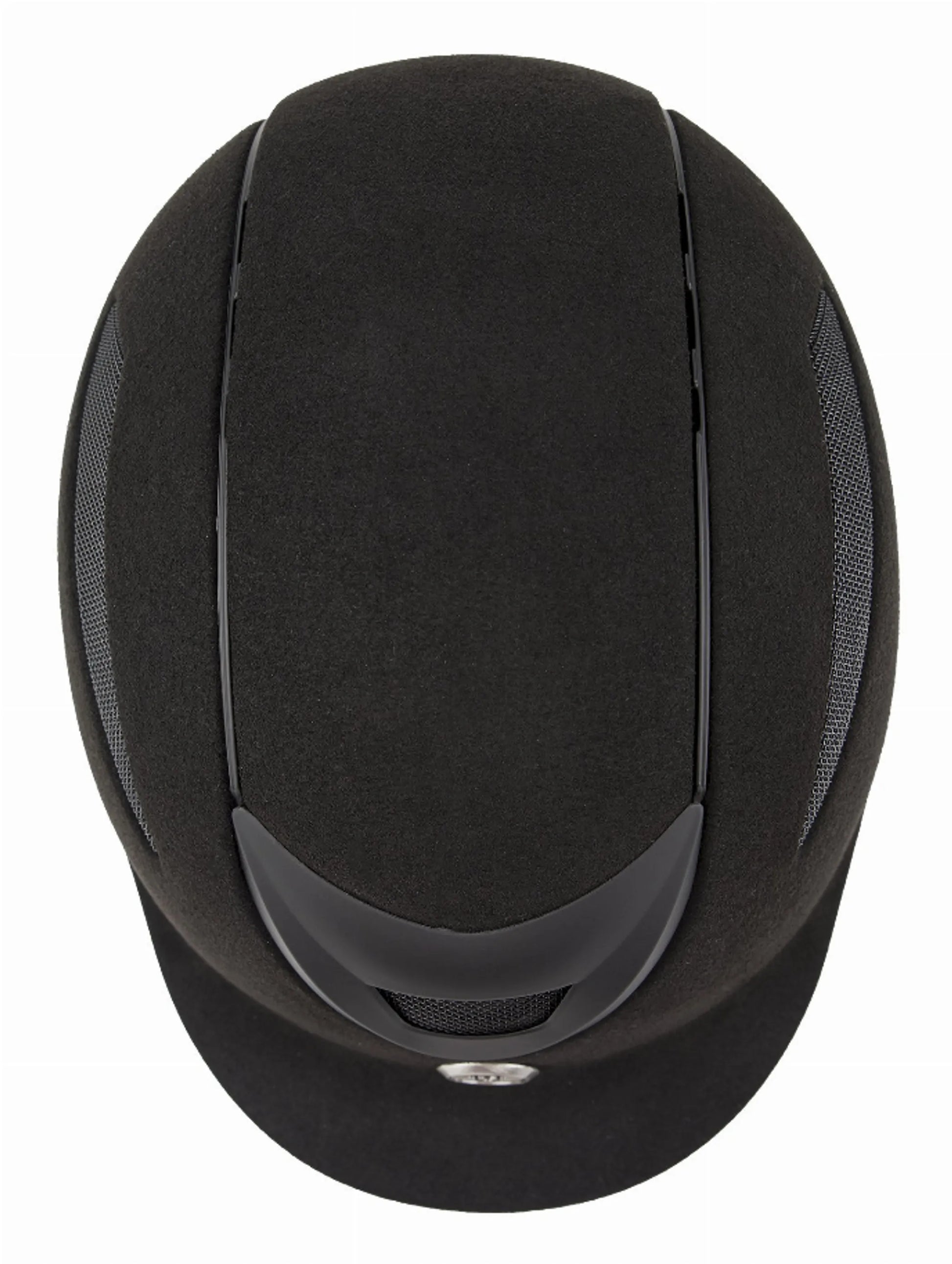 Top view of a black TUFFRIDER VENTEK MICROTOUCH HELMET with ventilation panels for equestrian use.