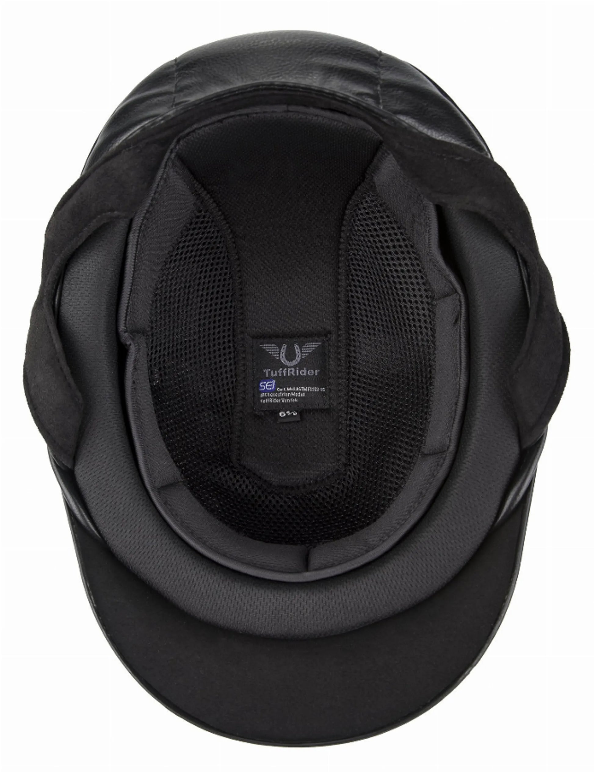 Top view of a black TUFFRIDER VENTEK MICROTOUCH HELMET showing padded interior and breathable mesh lining.