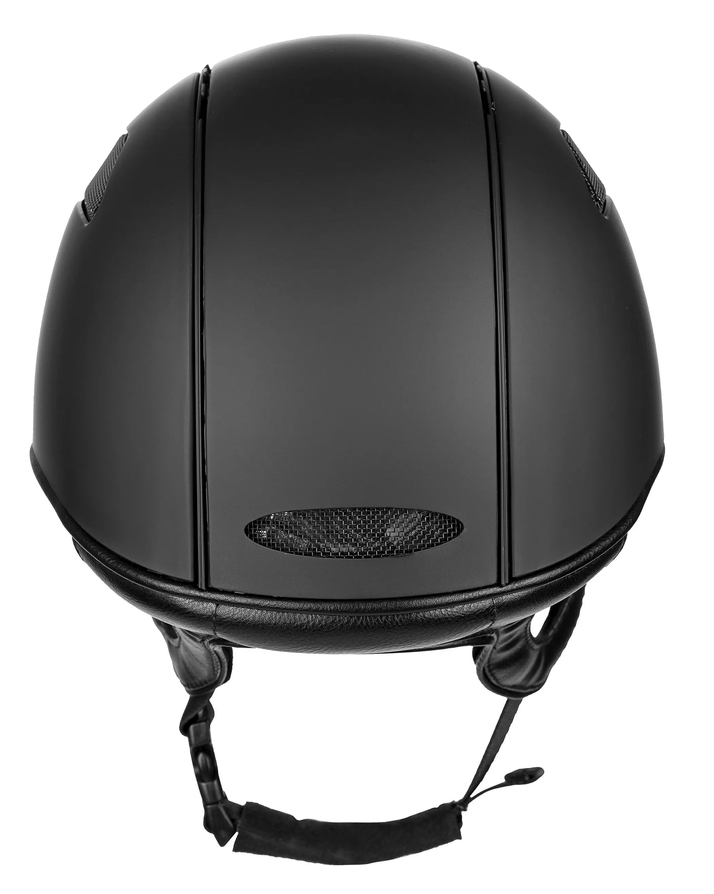 TUFFRIDER VENTEK MATTE HELMET- BLACK, 6 5/8 front view with ventilation and adjustable chin strap for equestrian use