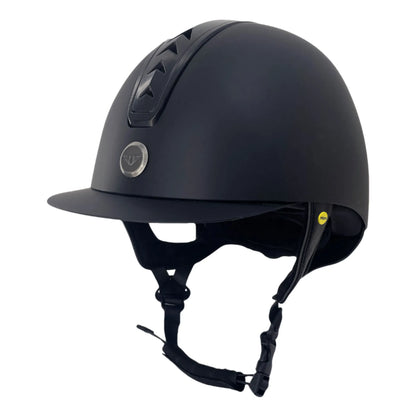 TuffRider R50 Mips Riding Helmet-Black-Large with adjustable chin strap and ventilation vents for equestrian safety and comfort.