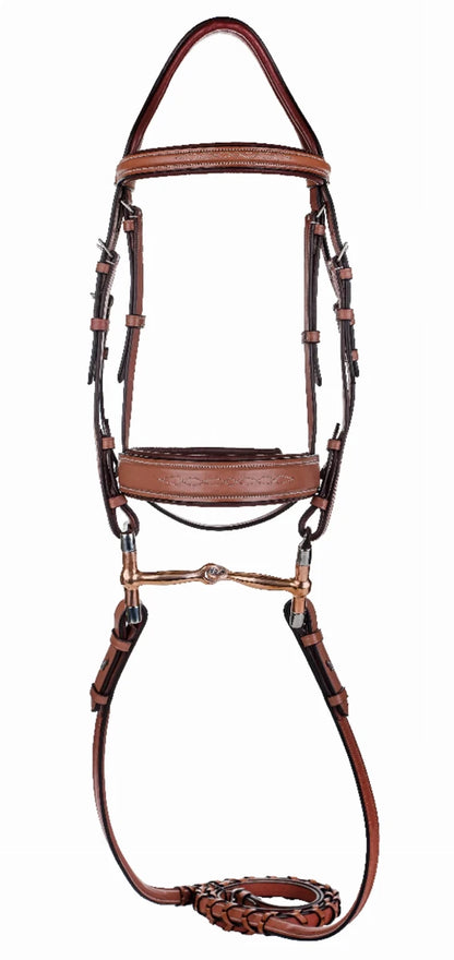 Laureate by Henri de Rivel Fancy Stitched Bridle with Wide Caveson and Laced Reins in rich brown leather horse tack