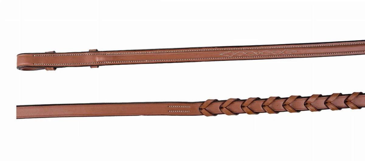Laureate by Henri de Rivel Fancy Stitched Raised Laced Reins in brown leather for equestrian tack and horse supplies