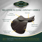 Henri de Rivel Millennium Covered Close Contact Jumping Saddle - Deep Seat Saddle with Molded Knee & Thigh Pads features leather flap and nylon straps.