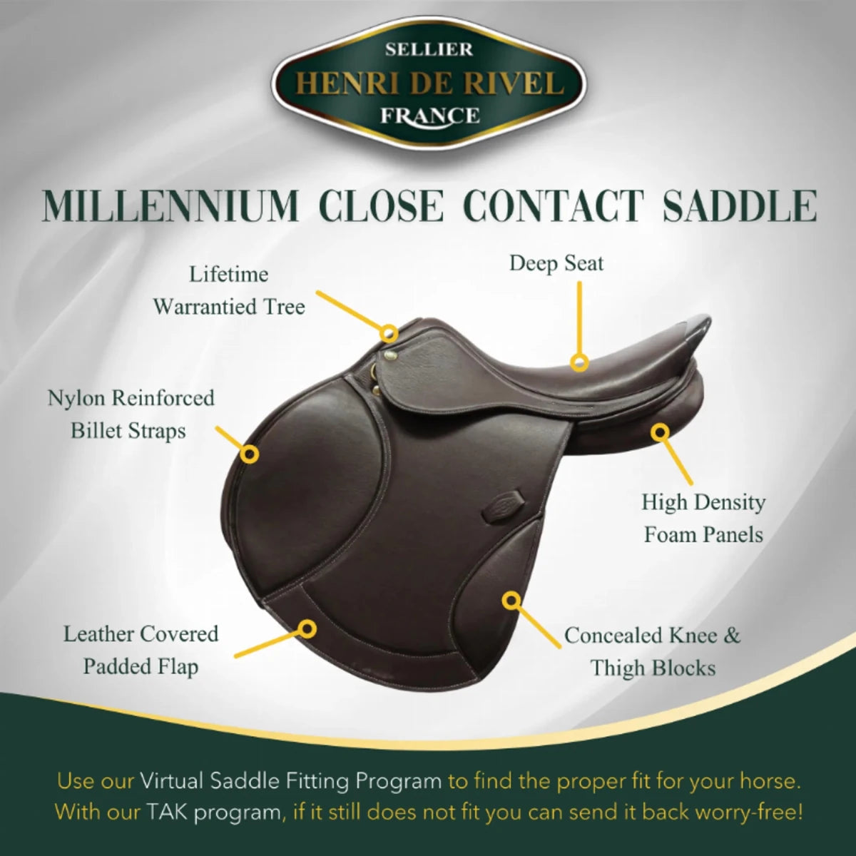 Henri de Rivel Millennium Covered Close Contact Jumping Saddle - Deep Seat Saddle with Molded Knee & Thigh Pads features leather flap and nylon straps.