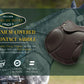 Henri de Rivel Millennium Covered Close Contact Jumping Saddle - Deep Seat Saddle with Molded Knee & Thigh Pads displayed on horse background