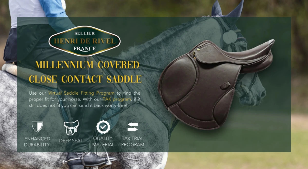 Henri de Rivel Millennium Covered Close Contact Jumping Saddle - Deep Seat Saddle with Molded Knee & Thigh Pads displayed on horse background