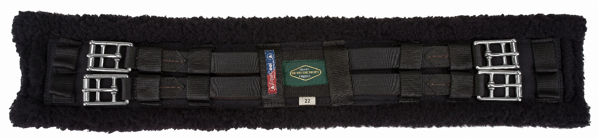 Henri de Rivel Dressage EquiCool Fleece Girth with black padded fleece and stainless steel buckles for equestrian use