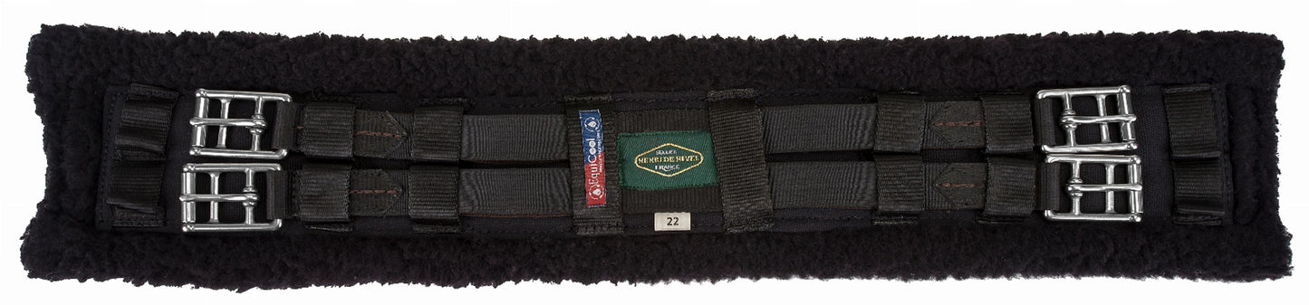 Henri de Rivel Dressage EquiCool Fleece Girth with black fleece padding and stainless steel buckles for equestrian tack