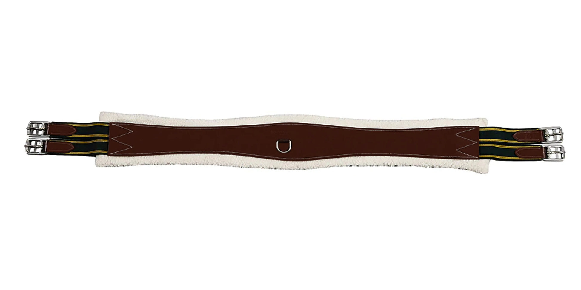 Henri de Rivel Detachable Fleece Lined Girth - Australian Nut - 42 with soft fleece lining, metal buckles, and D-ring for horse tack.