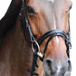 Brown horse wearing a Patent Leather Horse Bridle - Padded Monocrownpiece Bridle with Flash Noseband and Rubber Reins