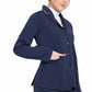 Woman wearing Women's Show Coat - Stretch Competition Jacket with Contrast Piping in navy blue with hand in pocket, white shirt underneath