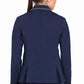 Rear view of a model wearing Women's Show Coat - Stretch Competition Jacket with Contrast Piping navy blue with light piping detail