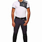 Male model wearing Men's Riding Breeches - Bamboo Cotton Knee Patch Breeches with UltraGripp and a short sleeve polo shirt.