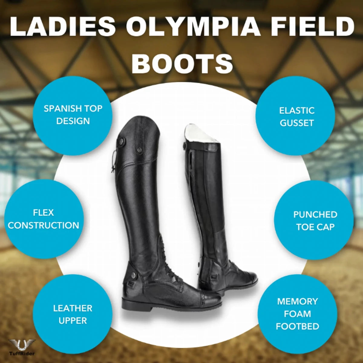 Women's Leather Field Boots - Back Zipper Tall Riding Boots with Memory Foam Footbed - TuffRider Olympia displayed with feature highlights.