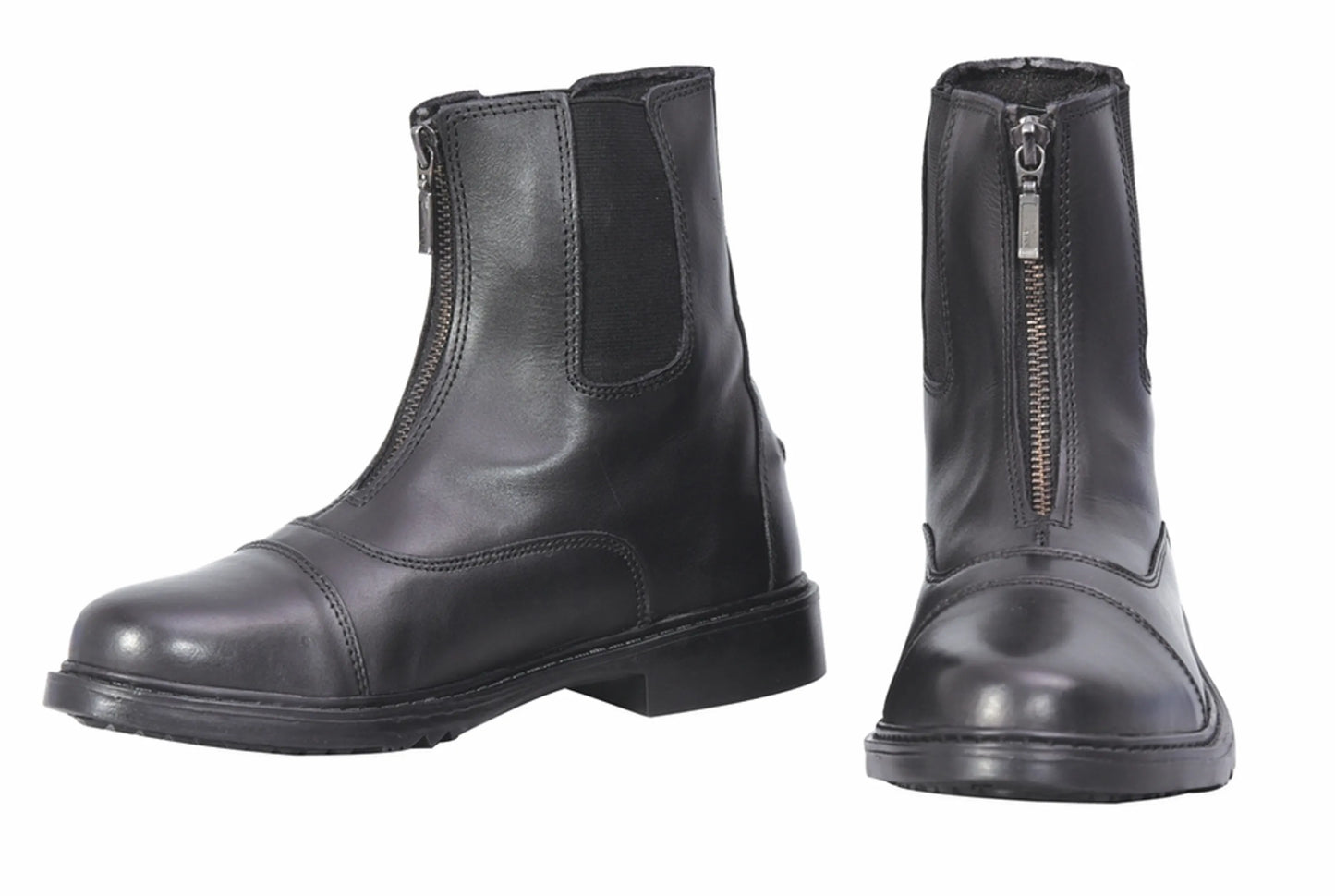 TuffRider Ladies Perfect Front Zip Paddock Boots in black leather with front zipper and elastic side panels displayed on white background