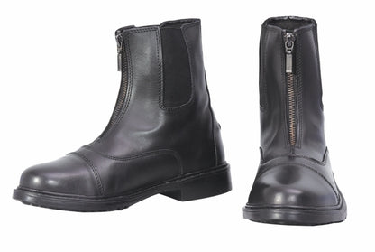 TuffRider Ladies Perfect Front Zip Paddock Boots in black leather with front zipper and elastic side panels for comfort.
