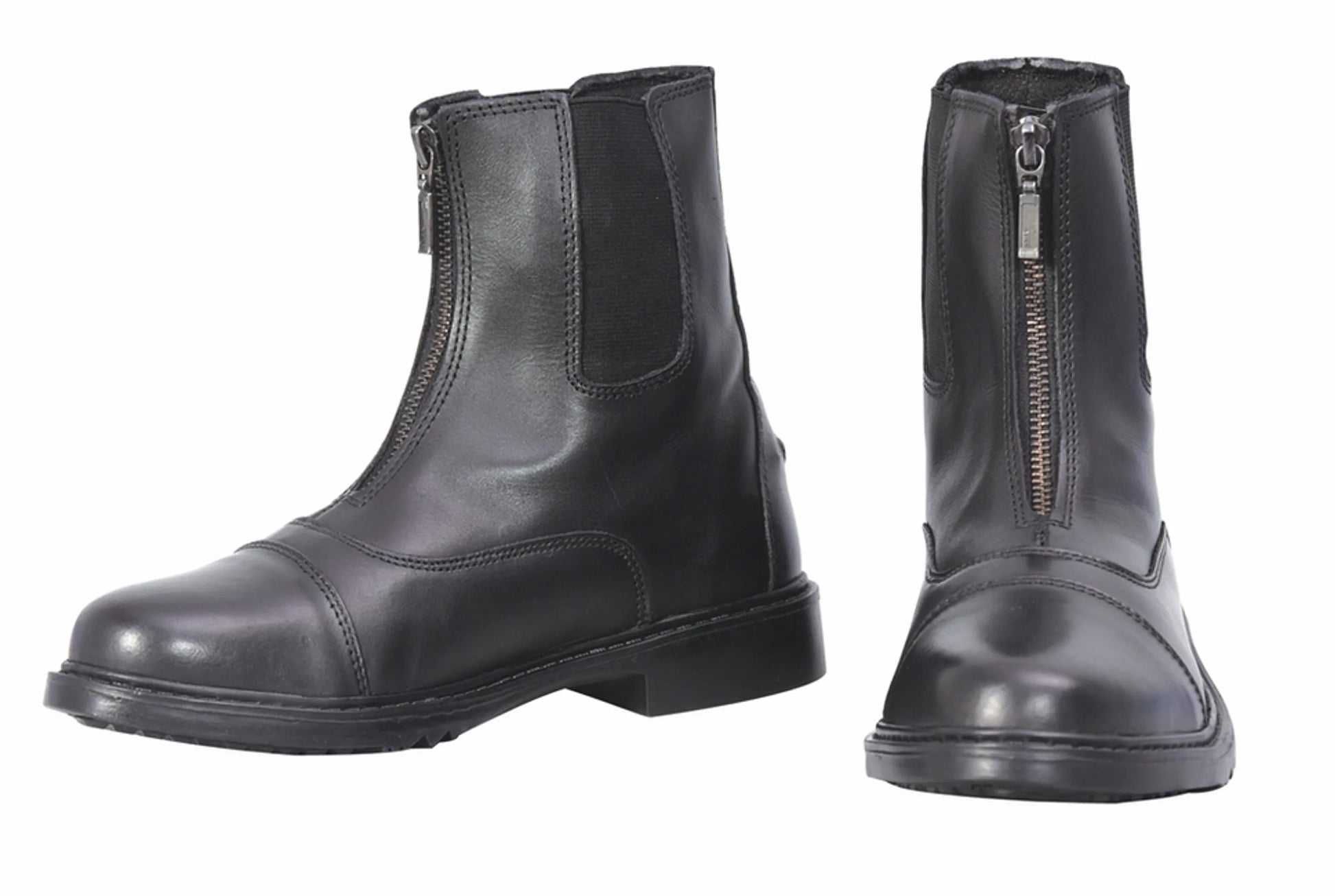 TuffRider Ladies Perfect Front Zip Paddock Boots in black leather with front zipper and elastic panels for easy wear