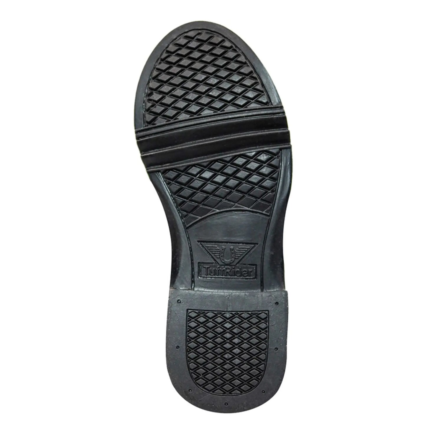 Sole view of TuffRider Children's Perfect Front Zip Paddock Boots showing textured black rubber outsole for grip and durability