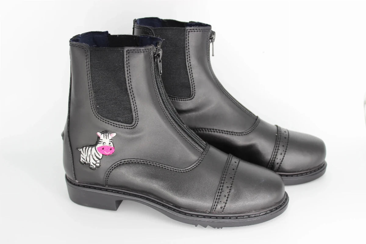 TuffRider Children's Starter Zebra Paddock Boots - Kids Front Zip Riding Boots with Fun Animal Design in black