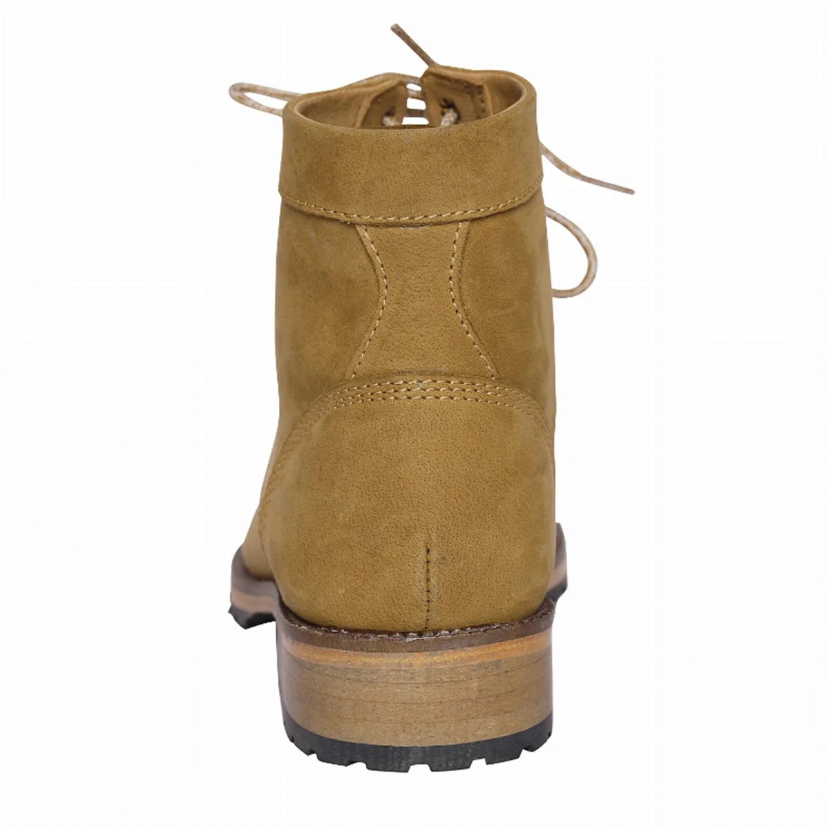 TuffRider Ladies Eton Boot in tan suede leather with stitched detailing and lace-up back view on white background