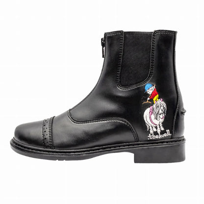 TuffRider Children's Thelwell Sweep Front Zip Paddock Boots in black with elastic side panels and embroidered design