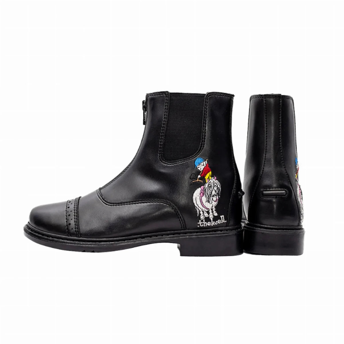 TuffRider Children's Thelwell Sweep Front Zip Paddock Boots black with pony rider embroidery side view