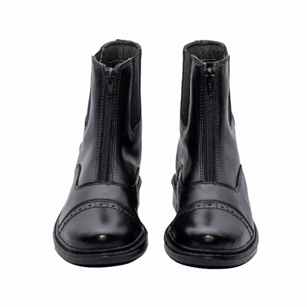 TuffRider Children's Thelwell Sweep Front Zip Paddock Boots in black leather with round toes and front zippers