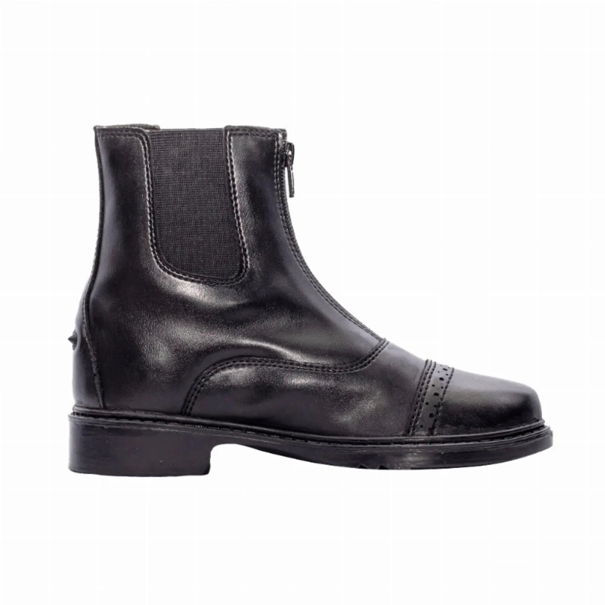 TuffRider Children's Thelwell Sweep Front Zip Paddock Boots in black leather with side elastic and front zipper closure