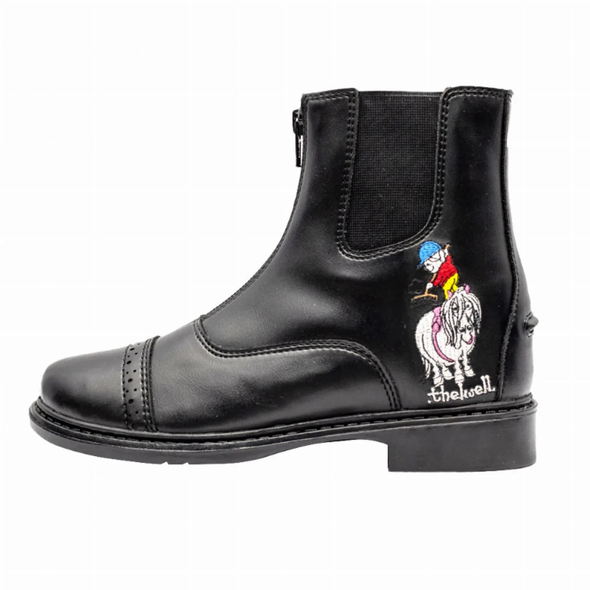 TuffRider Children's Thelwell Sweep Front Zip Paddock Boots in black with embroidered Thelwell horse rider design